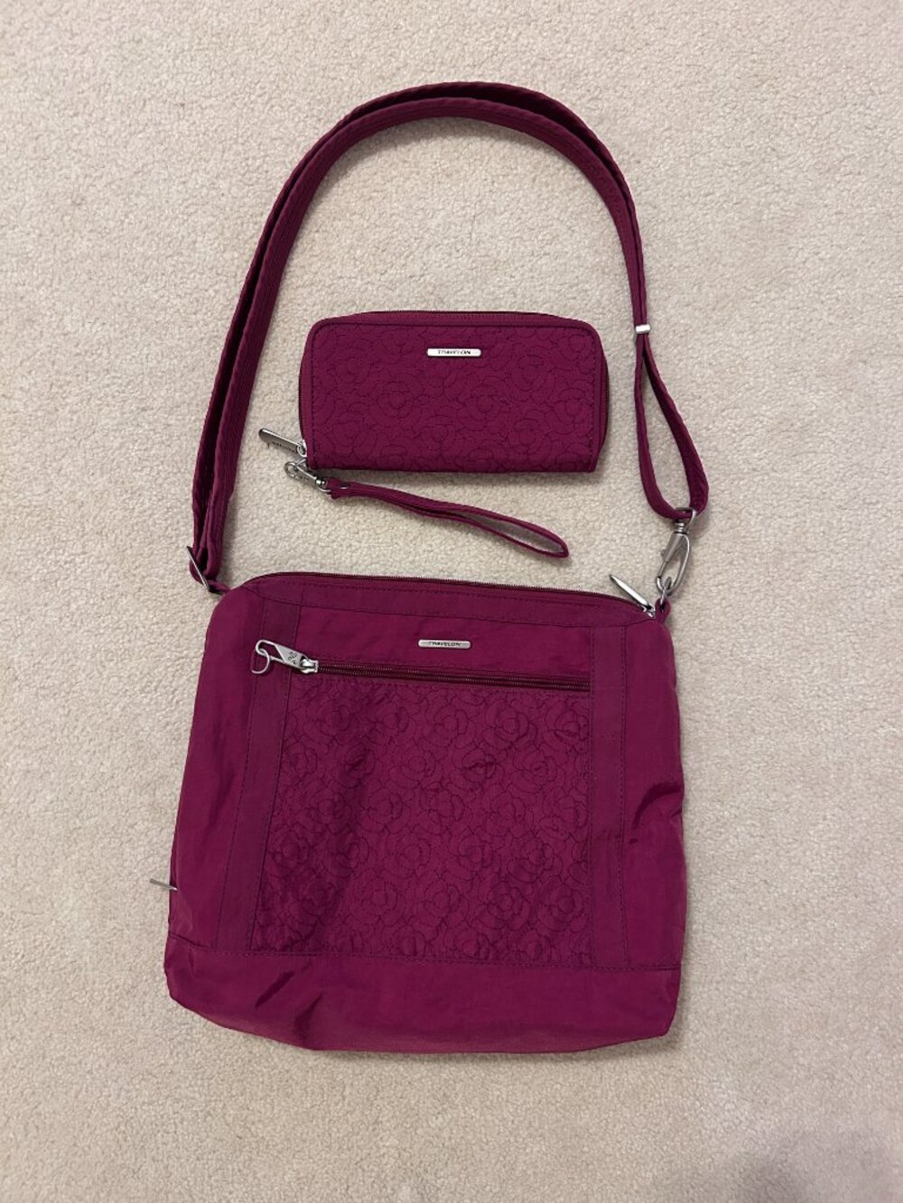NEW Travelon East West Magenta Crossbody Handbagโ + Wallet + Light, ANTI-THEFT